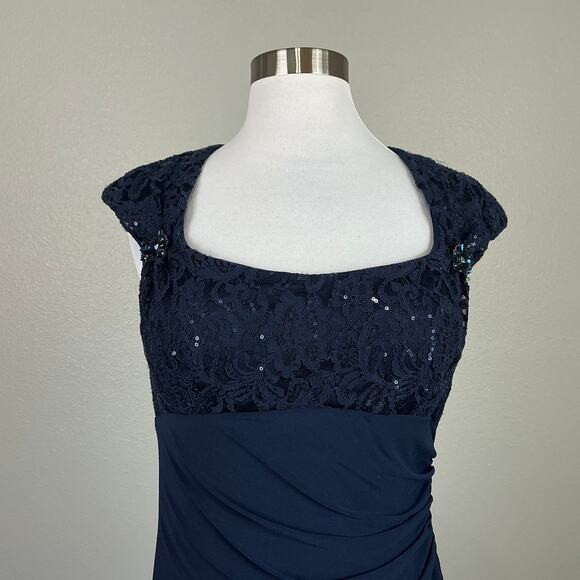 Betsy & Adam Sequined Lace Embellished Long Column Evening Gown Navy Blue Size 8 - Picture 8 of 13